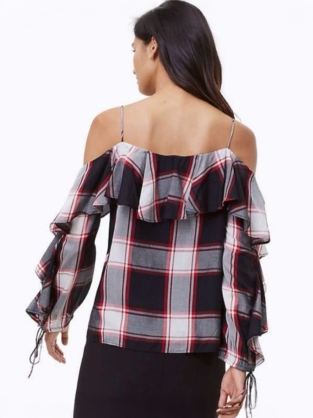 LOFT Cold-Shoulder Plaid Ruffle Top - Picture 7 of 7